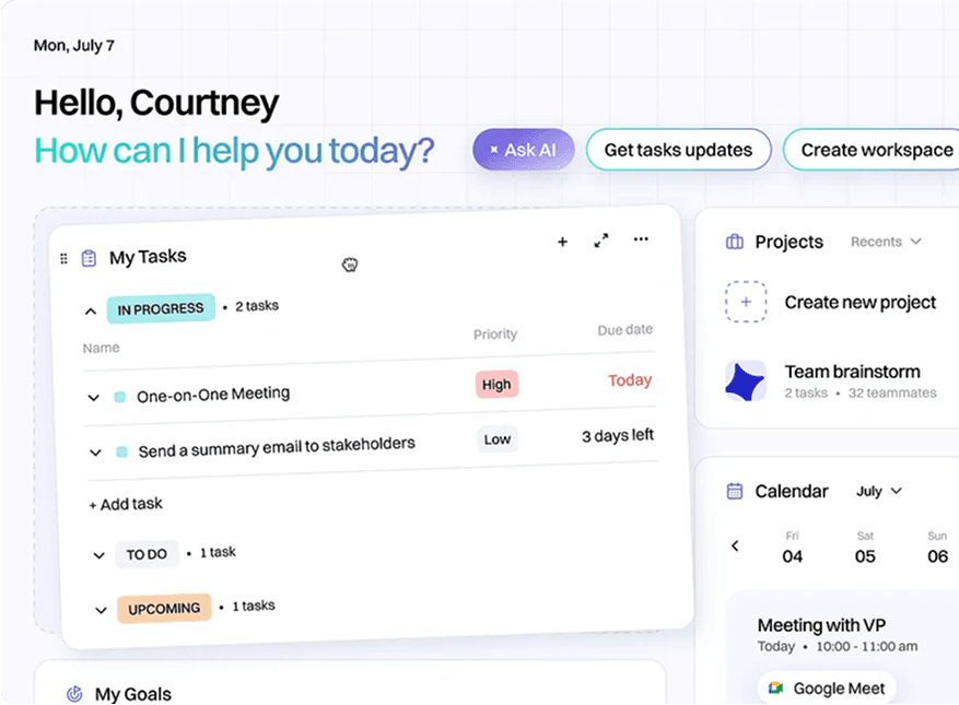 AI Dashboard showing revenue and client data